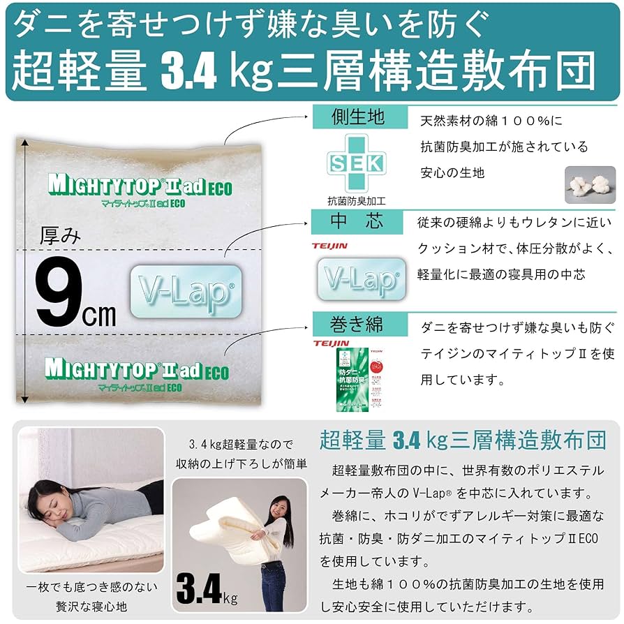 Amazon｜敷き布団 シングル 軽い テイジン V-Lap 西川 カバー 付
